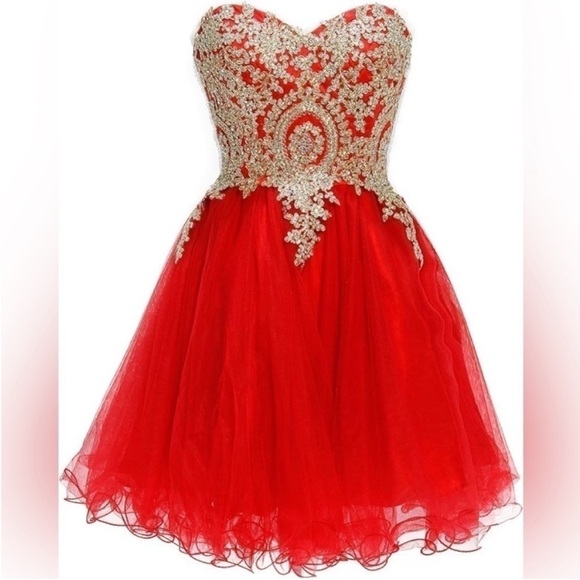 Dresses & Skirts - Red Strapless Tulle Party Dress with Gold Embellished Bodice. 4. NWT.